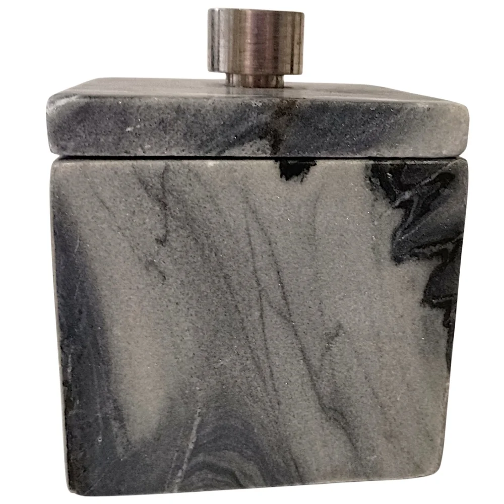 Marble Natural Stone Bathroom Storage Container Canister Silver Tone Handle Gray